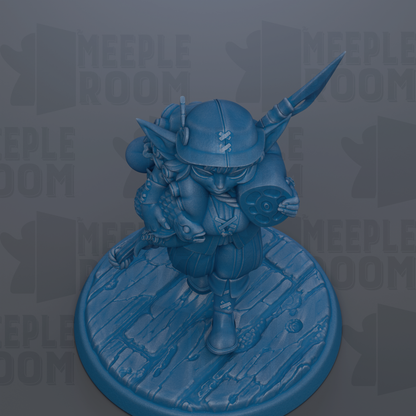 A blue figurine of a character with a pointed hat and a sword, standing on a circular base.