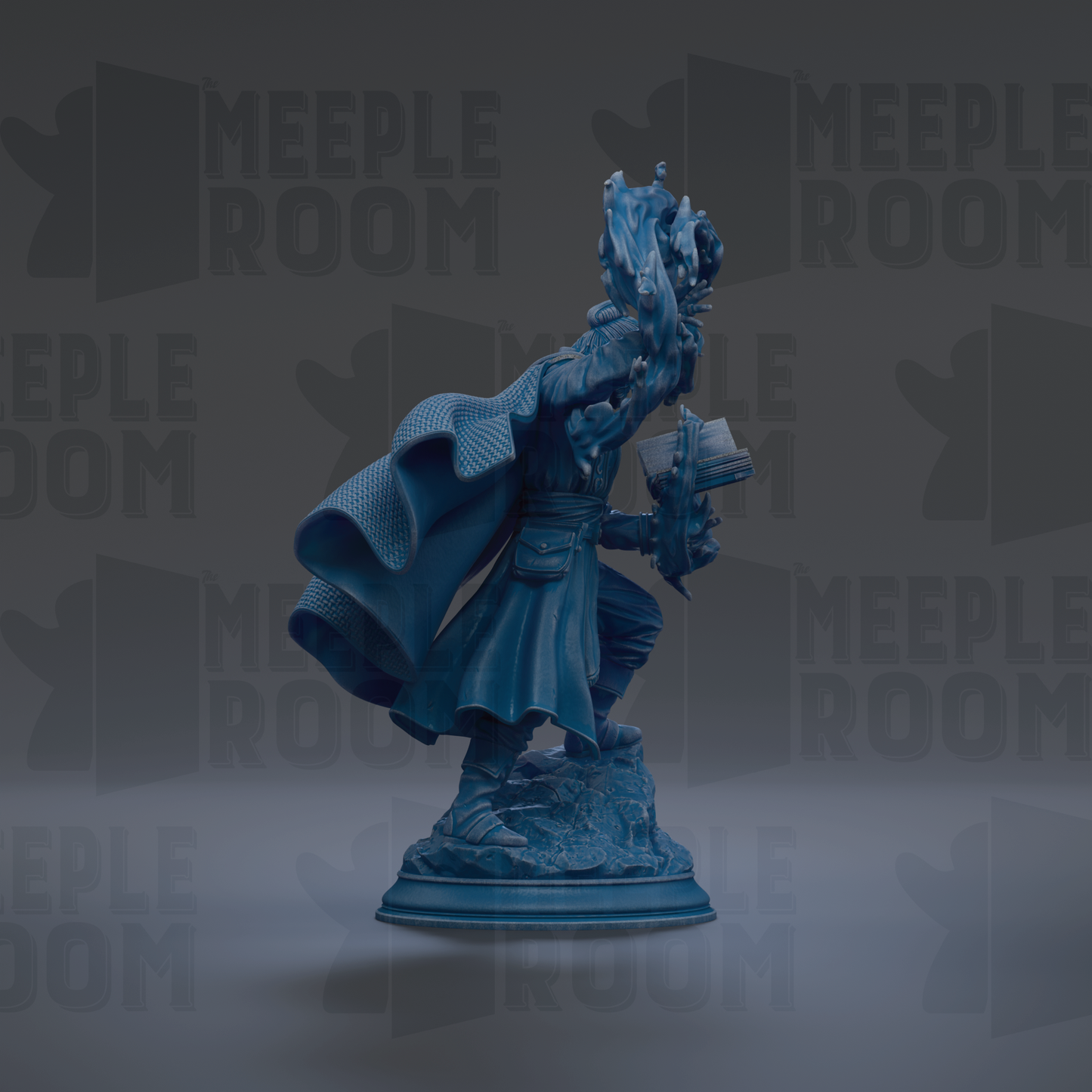 A blue statue of a person holding a book and standing on a rock.