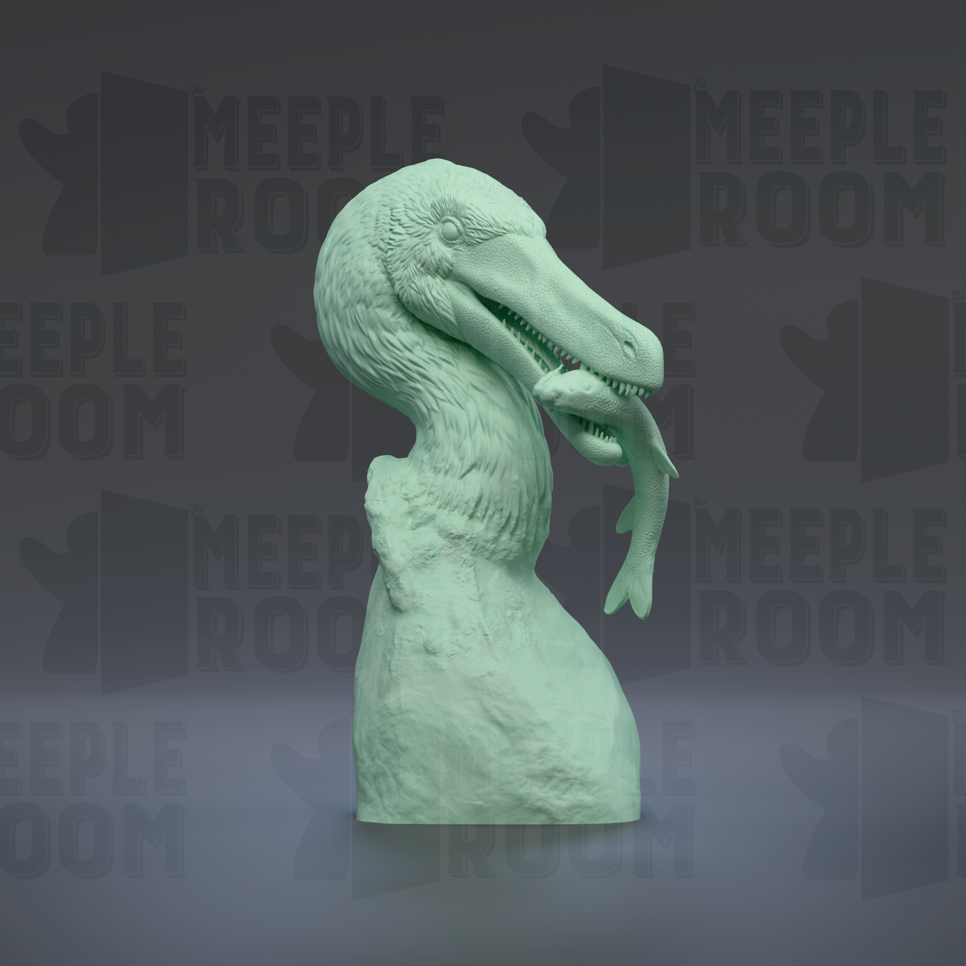 A green dinosaur head sculpture is shown in the image, with a fish in its mouth.