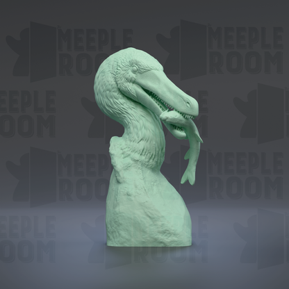 A green dinosaur head sculpture is shown in the image, with a fish in its mouth.