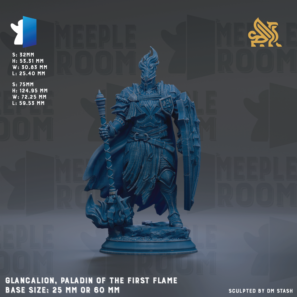 a detailed blue figurine of a knight, likely a glancion, the paladin of the first flame, standing on a base size of 25 mm or 60 mm.