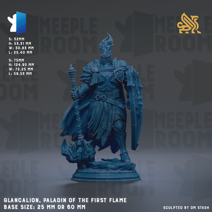 a detailed blue figurine of a knight, likely a glancion, the paladin of the first flame, standing on a base size of 25 mm or 60 mm.