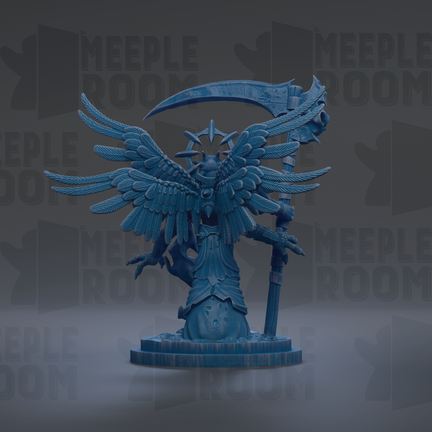 A blue, winged statue with a large sword and shield stands prominently in the center of the image.