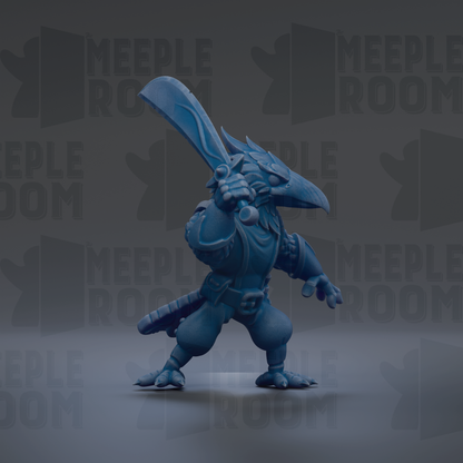 A blue, winged creature with a sword in its hand, standing on a gray surface against a dark background with repeated text.