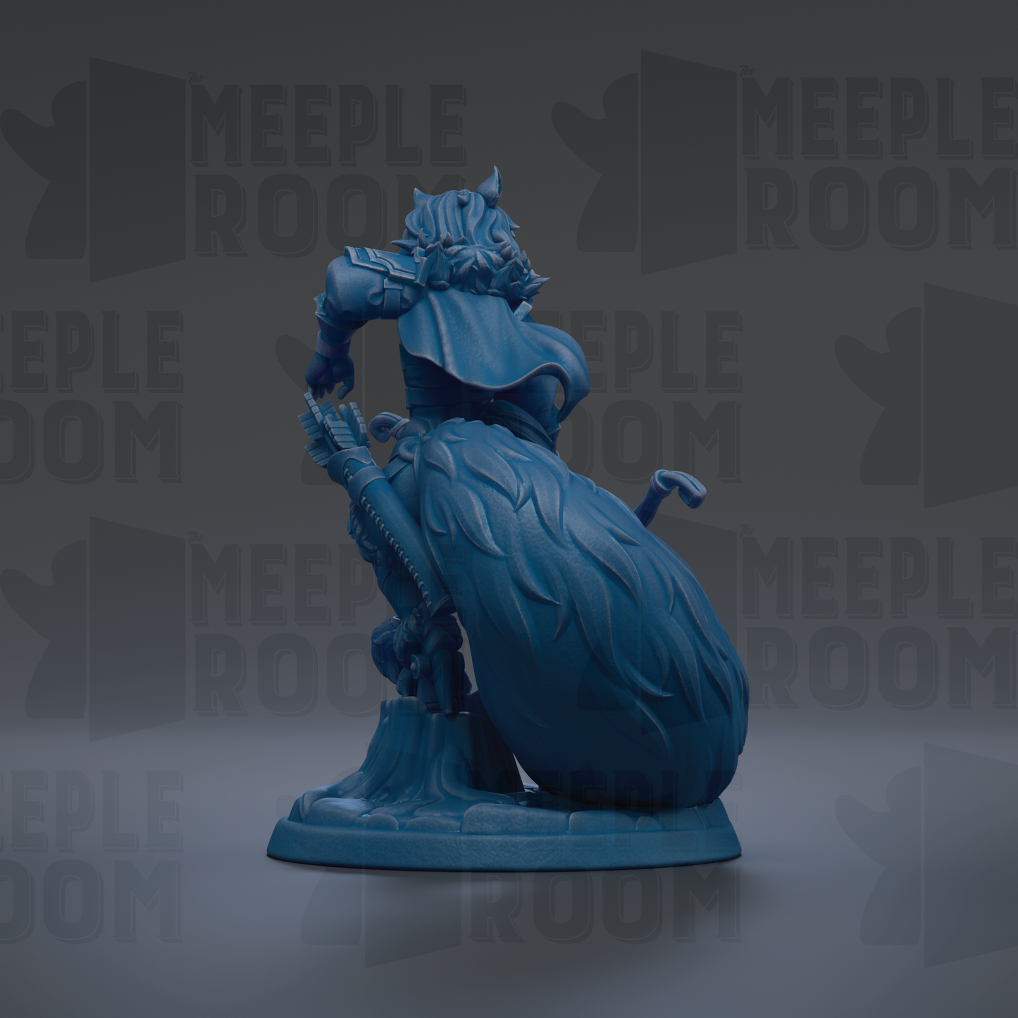 A blue figurine of a person with a large, detailed head and a long, flowing cape.