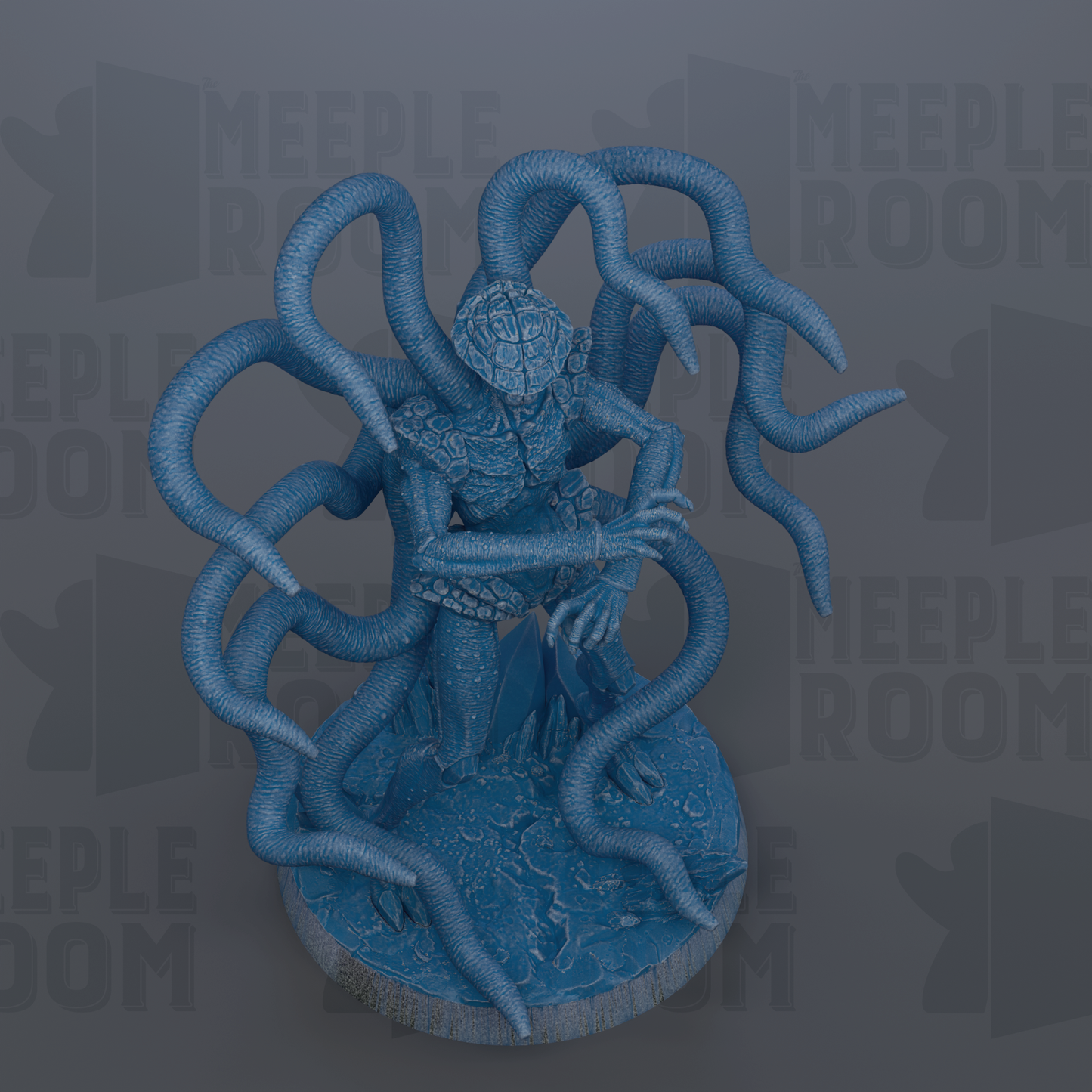 a blue, abstract, and intricate statue with multiple tentacles, resembling a creature or monster.