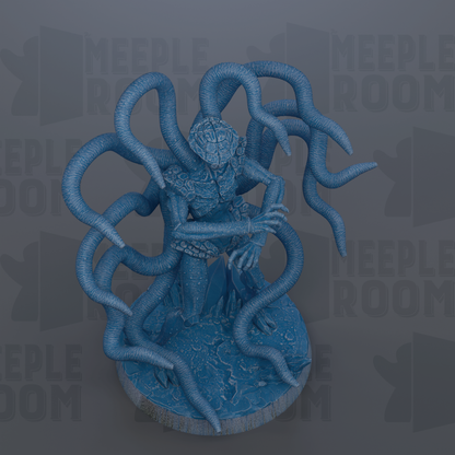 a blue, abstract, and intricate statue with multiple tentacles, resembling a creature or monster.