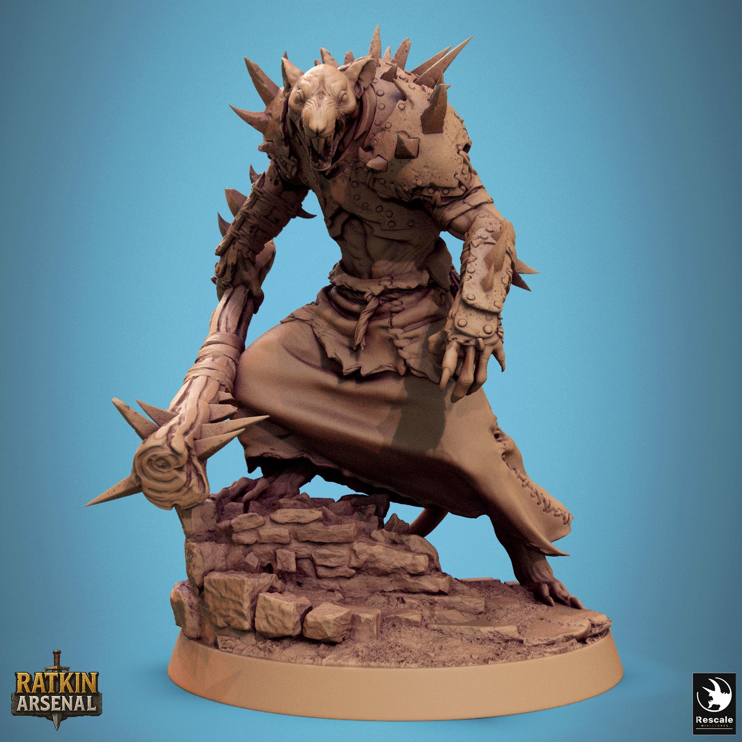 A 3D model of a heavily armored and battle-ready creature, possibly a dragon or a monster, with spikes and weapons, standing on a rocky base.