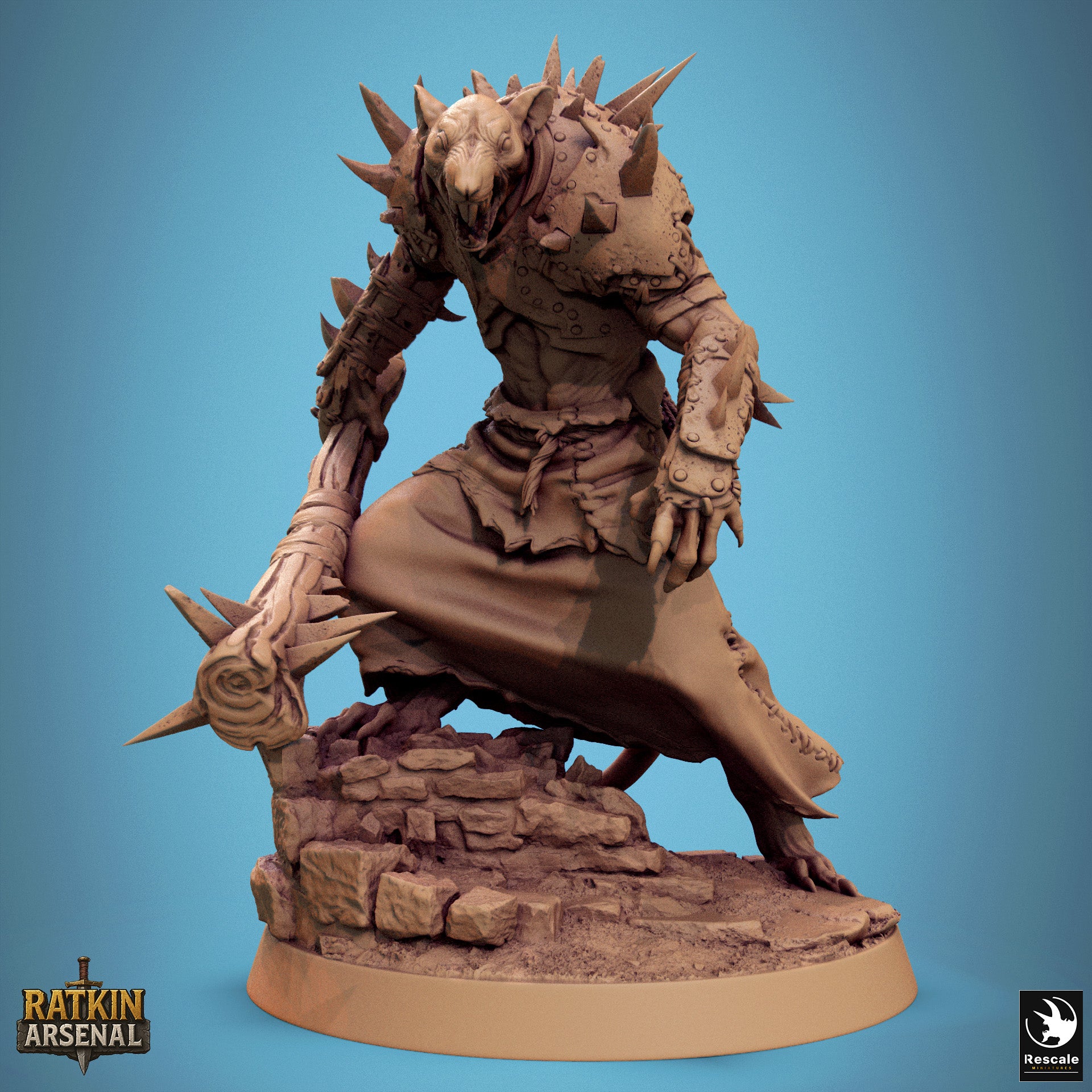 A 3D model of a heavily armored and battle-ready creature, possibly a dragon or a monster, with spikes and weapons, standing on a rocky base.