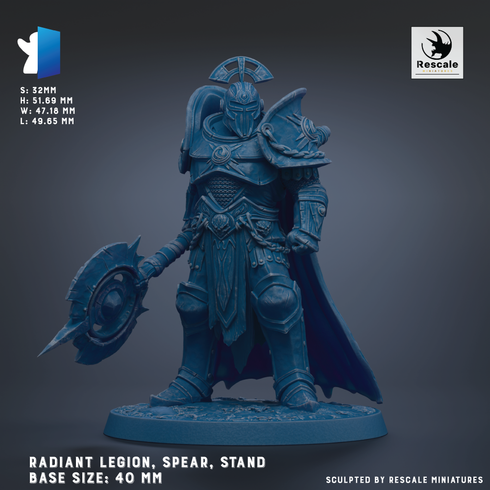 a detailed model of a radiant legion, spear, and stand, with the base sizes of 40 mm, 50 mm, and 60 mm.