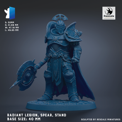 a detailed model of a radiant legion, spear, and stand, with the base sizes of 40 mm, 50 mm, and 60 mm.
