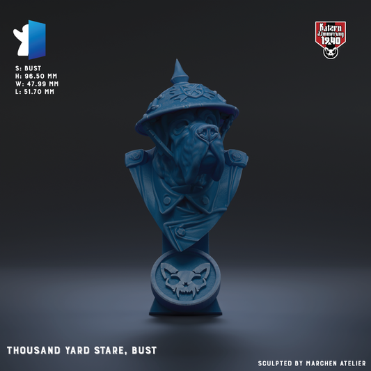 The image is a bust of a dog wearing a helmet, with a skull emblem on the base.