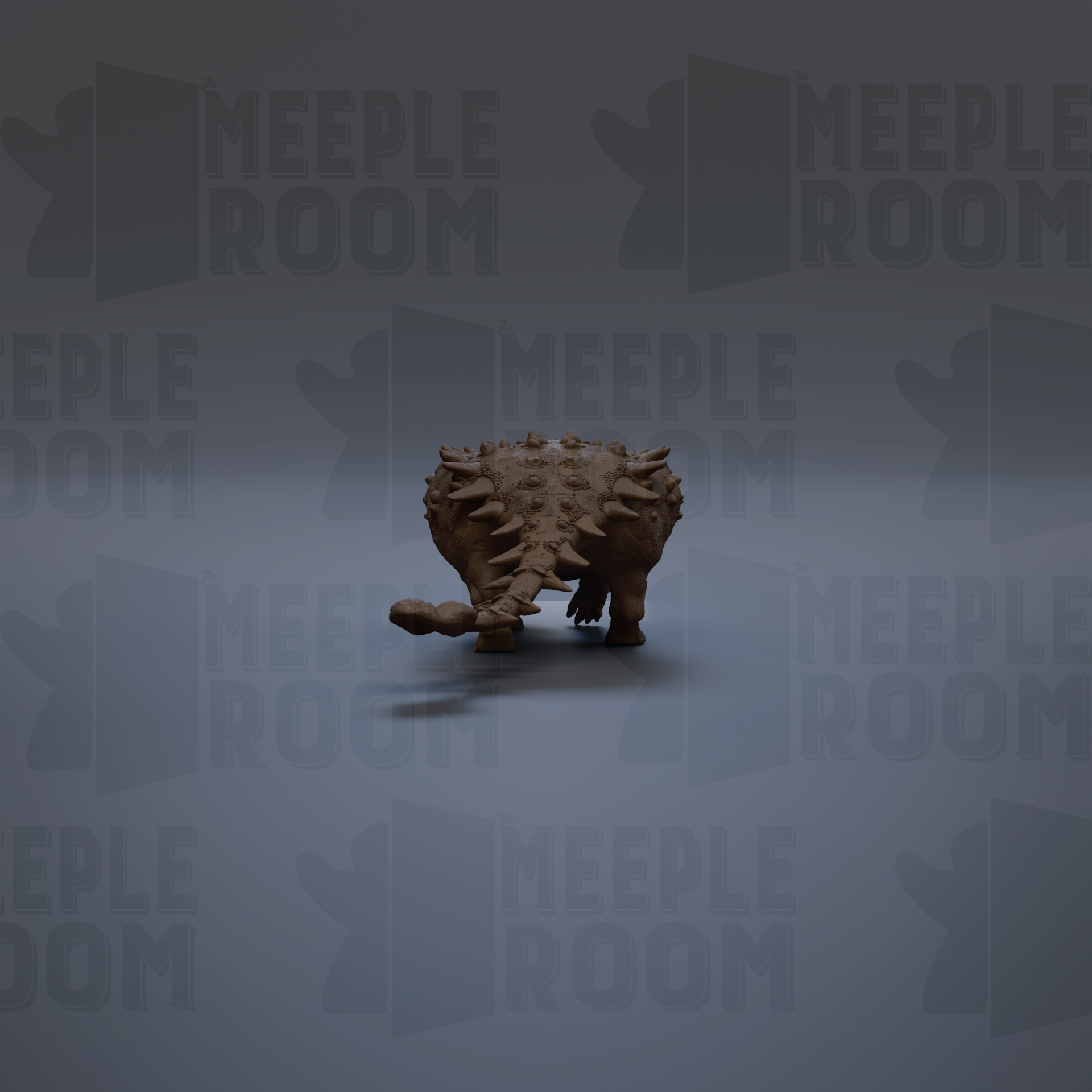 a dinosaur-like creature with spikes on its back, standing alone against a dark background with repeated text.