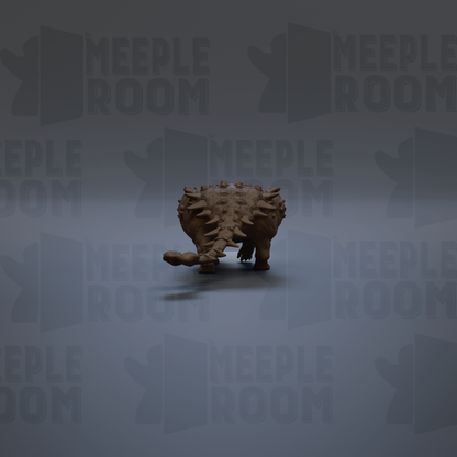 a dinosaur-like creature with spikes on its back, standing alone against a dark background with repeated text.