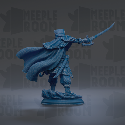 A blue statue of a person holding a sword and wearing a cape, standing on a pedestal.