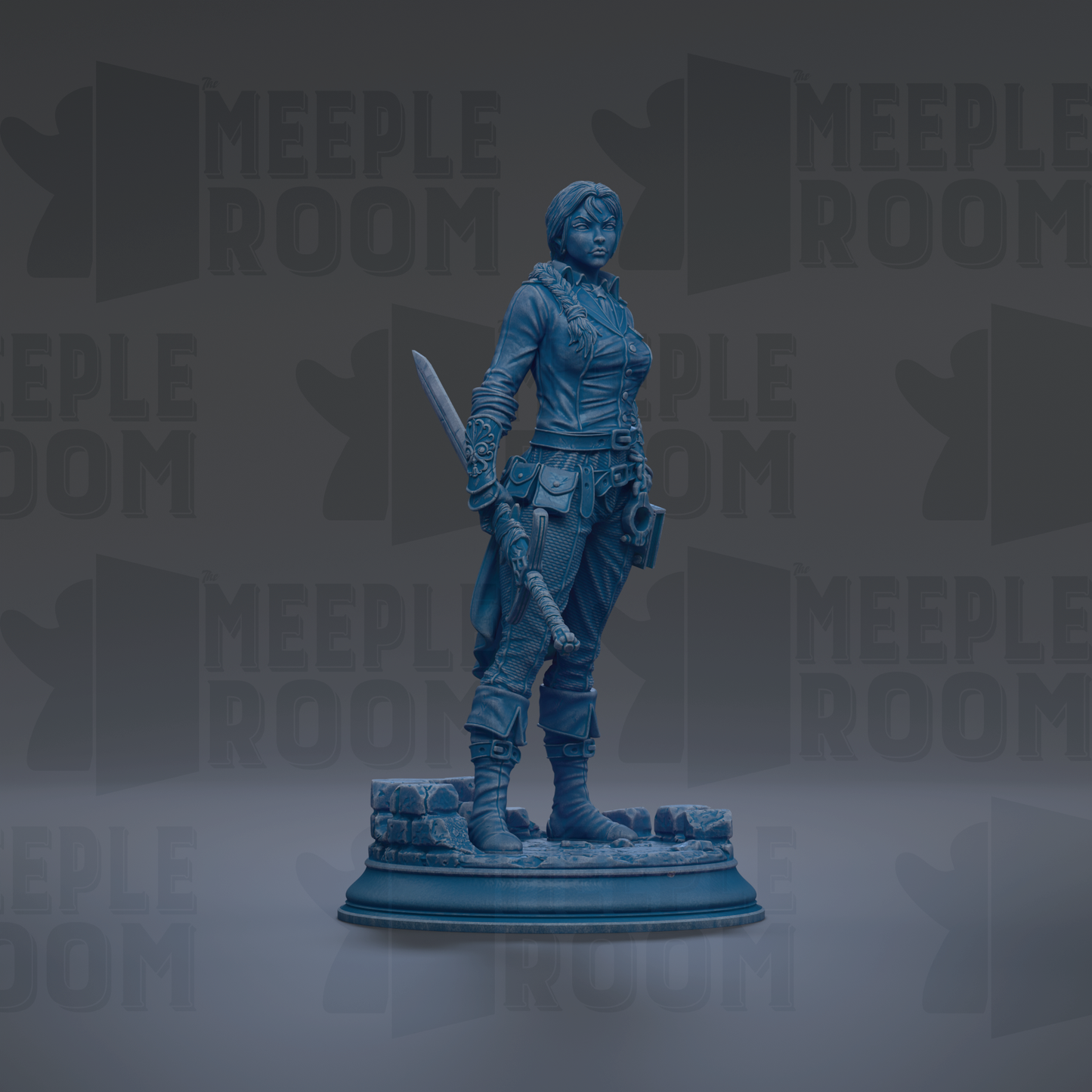 A 3D model of a female character, possibly a pirate or warrior, standing on a pedestal and holding a sword.