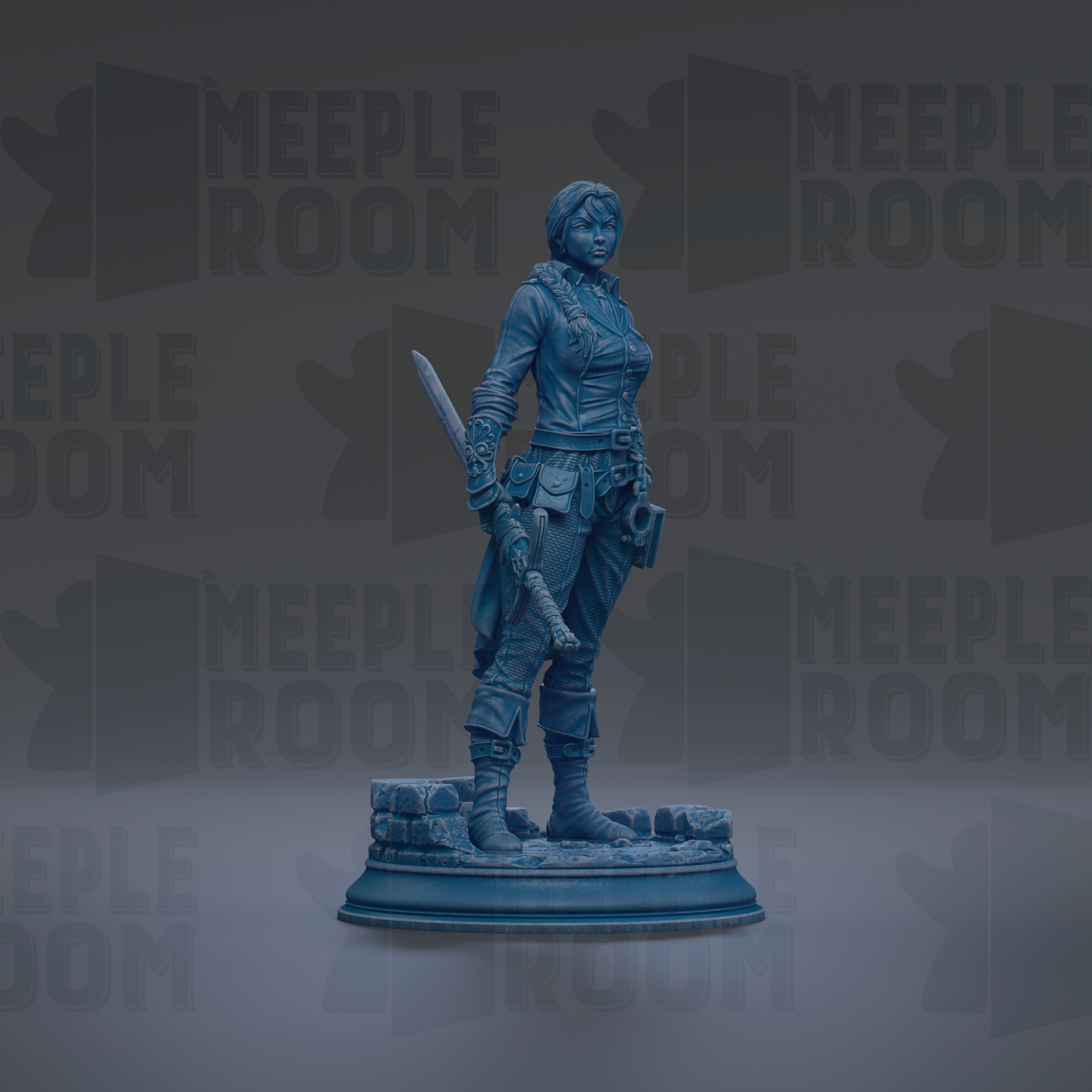 A 3D model of a female character, possibly a pirate or warrior, standing on a pedestal and holding a sword.