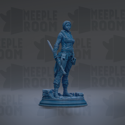 A 3D model of a female character, possibly a pirate or warrior, standing on a pedestal and holding a sword.