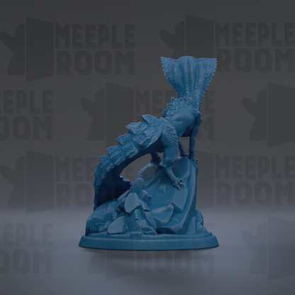 A blue figurine of a dragon-like creature is displayed against a dark background with repeated text.