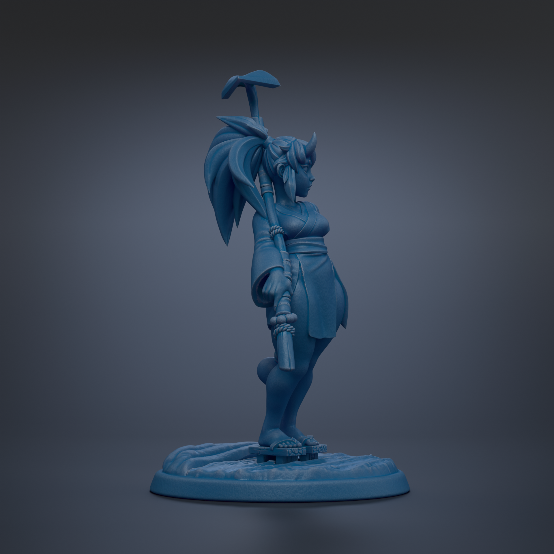 A blue statue of a woman with a large headdress and holding a spear.