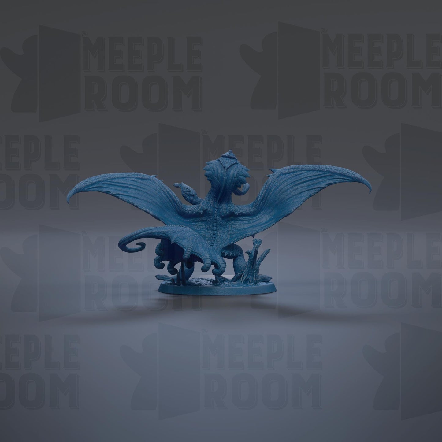 A blue dragon figurine with wings spread, standing on a base with mushrooms and plants.
