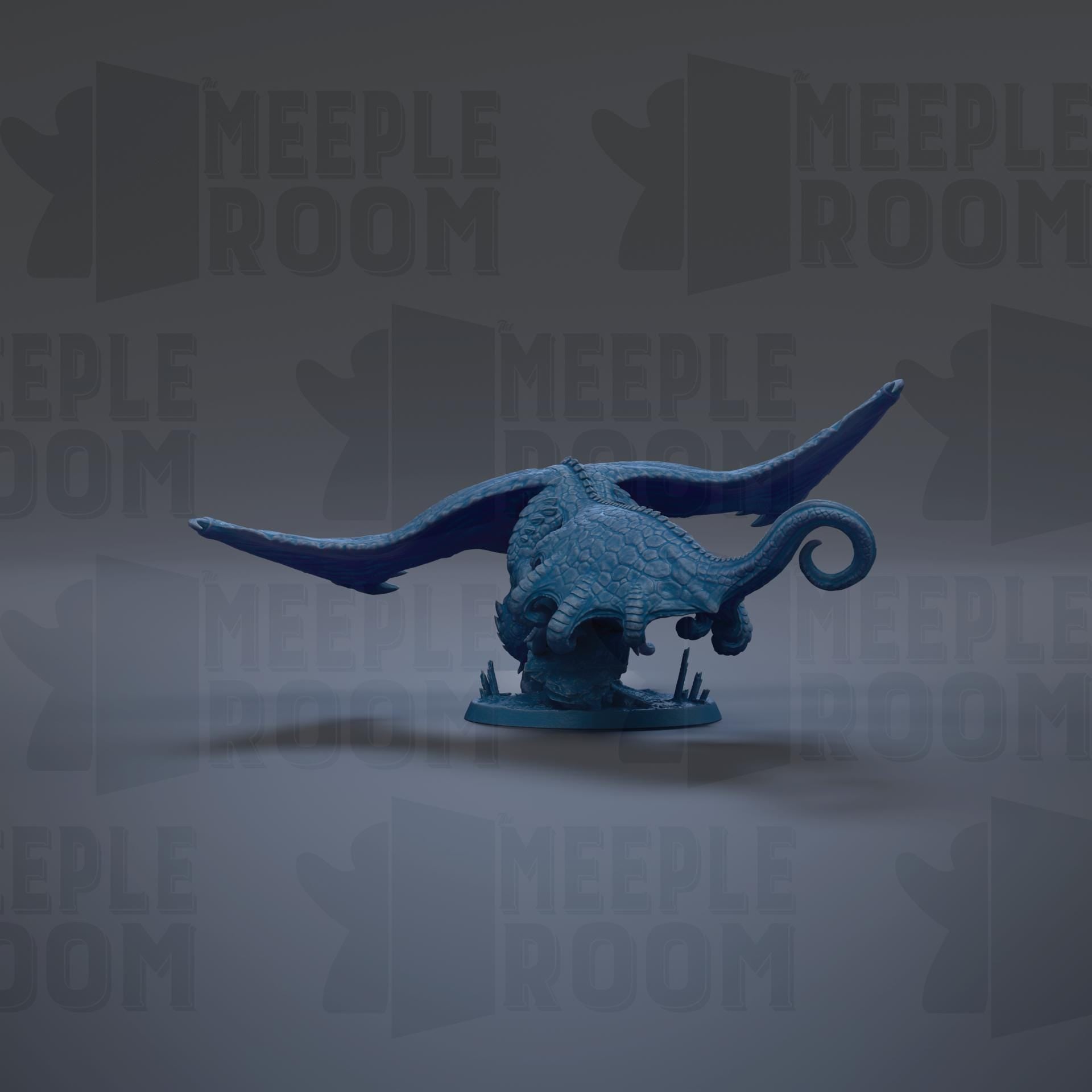 A blue dragon figurine with wings spread, sitting on a base against a dark background with repeated text.