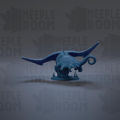 A blue dragon figurine with wings spread, sitting on a base against a dark background with repeated text.