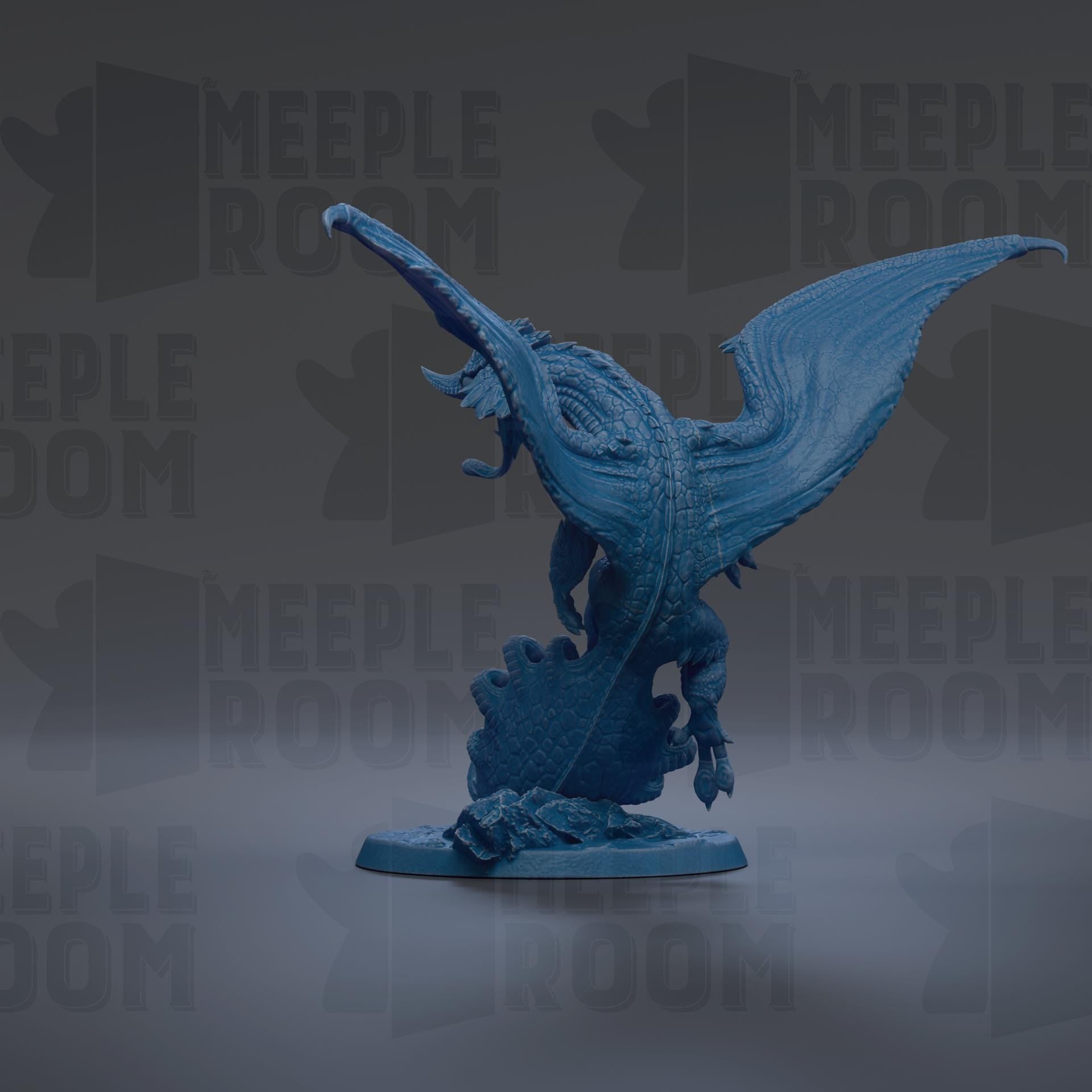 A blue dragon figurine is shown against a dark background with repeated text.
