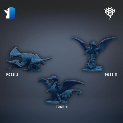 three blue figurines of dragons, each in a different pose, arranged in a row against a dark background.